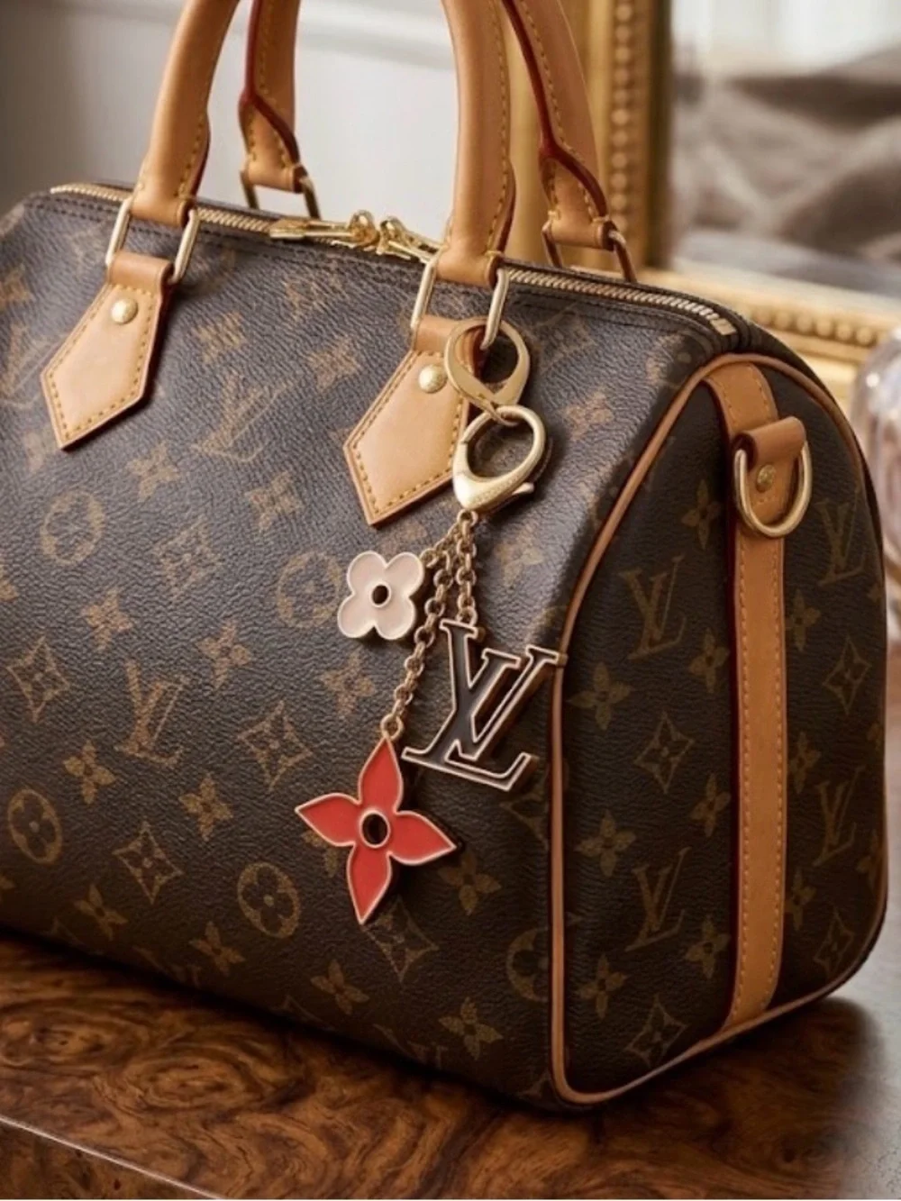 Luxury Fashion Bag Charm Keychain Monogram And Bright Red And Pink Motifs